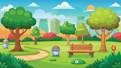 Colorful Cartoon Park Scene with Bench, Trees, Buildings, Sky, and Path