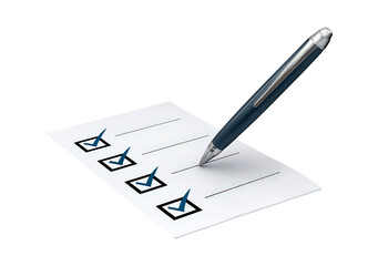 Checklist with blue pen and checkboxes on white paper on transparent background, PNG