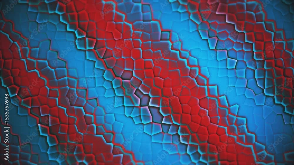 Poster bright blue and red shapes intermingle to form an intricate abstract pattern, showcasing a vibrant i