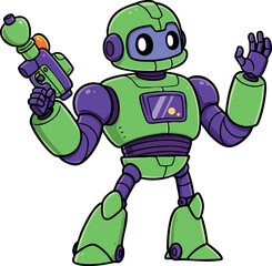 Green and purple futuristic robot holding toy ray gun vector illustration character design 