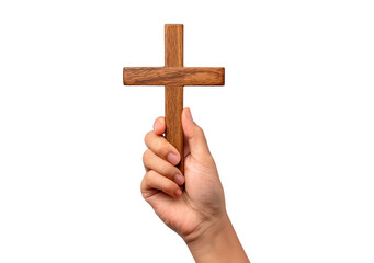 Hand holding wooden cross symbolizing faith and spiritual devotion on transparent background, PNG