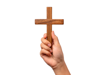Hand holding wooden cross symbolizing faith and spiritual devotion on transparent background, PNG