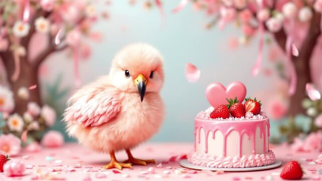 Fluffy flamingo chick standing beside heart cake, looking at the camera with soft pink blossoms. Valentine&rsquo;s Day or baby announcement concept. exotic pet branding, romantic gift, children&rsquo;s decor conc