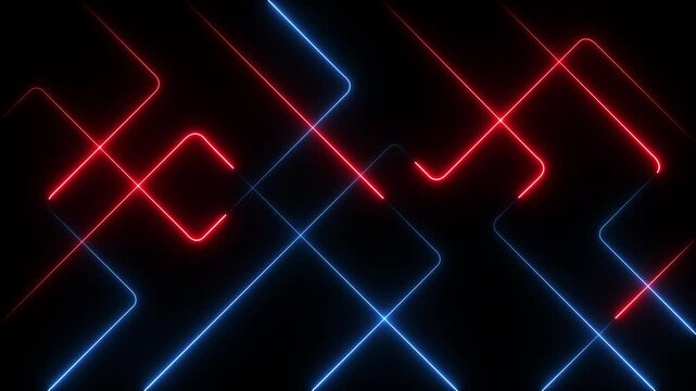 A vibrant abstract background featuring dynamic neon line patterns in shades of blue and red. Neon blue red laser lines animation with black background.