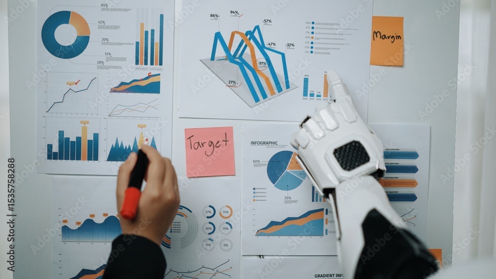 Poster a robotic hand interacts with various charts and graphs on a presentation board, highlighting key me