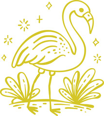 Naklejka premium Hand Drawn Yellow Flamingo Summer Doodle Icon With Tropical Beach Travel Element