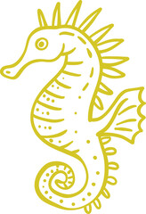 Hand Drawn Yellow Sea Horse Summer Doodle Icon With Tropical Beach Travel Element