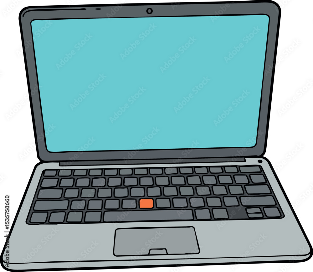 Poster laptop computer with blue screen and keyboard vector illustration technology device digital communic