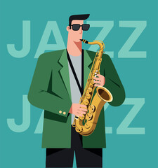 Fototapeta premium Jazz musician playing saxophone in green jacket with retro style background vector illustration 
