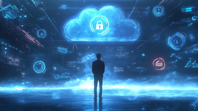 A cloud security expert stands before a holographic representation of a secured cloud with a padlock icon, symbolizing advanced cybersecurity, data protection, and network security