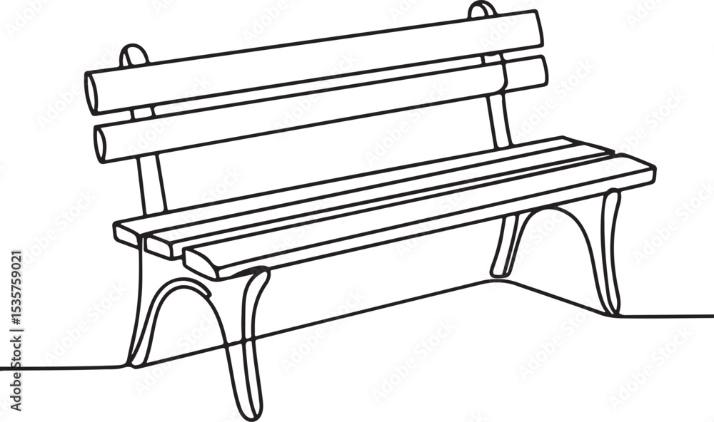 Poster park bench continuous single line drawing in minimalist style with curved legs and horizontal slats