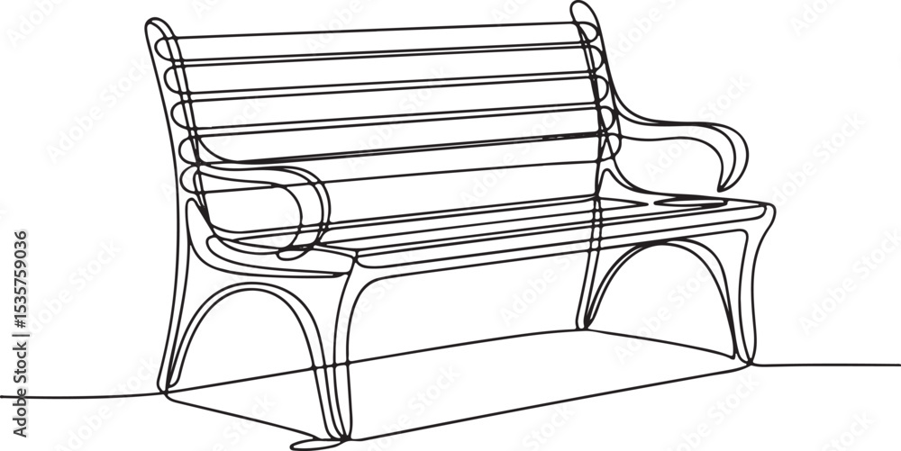 Poster park bench continuous single line drawing in minimalist style with curved legs and horizontal slats