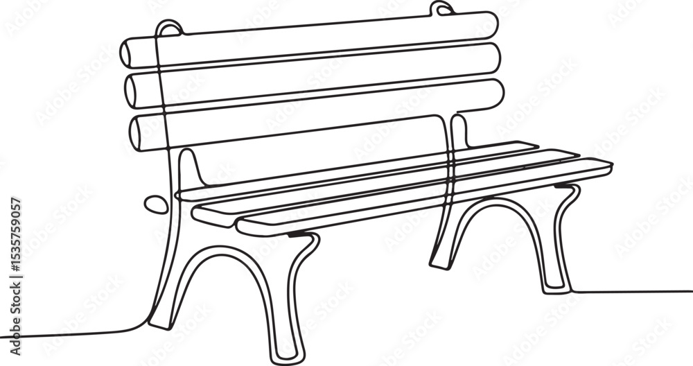 Poster park bench continuous single line drawing in minimalist style with curved legs and horizontal slats