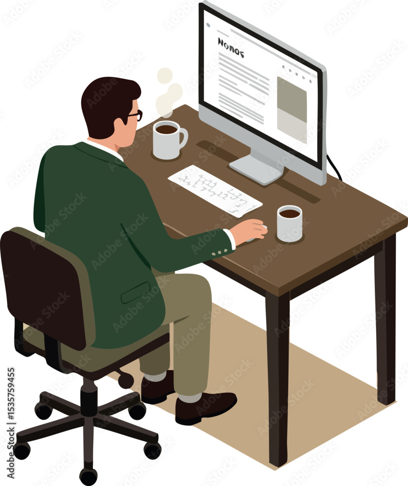 Poster man working on computer at office desk with coffee cups in isometric view vector illustration