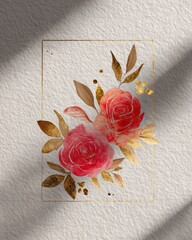 Watercolor roses and leaves design with gold accents.