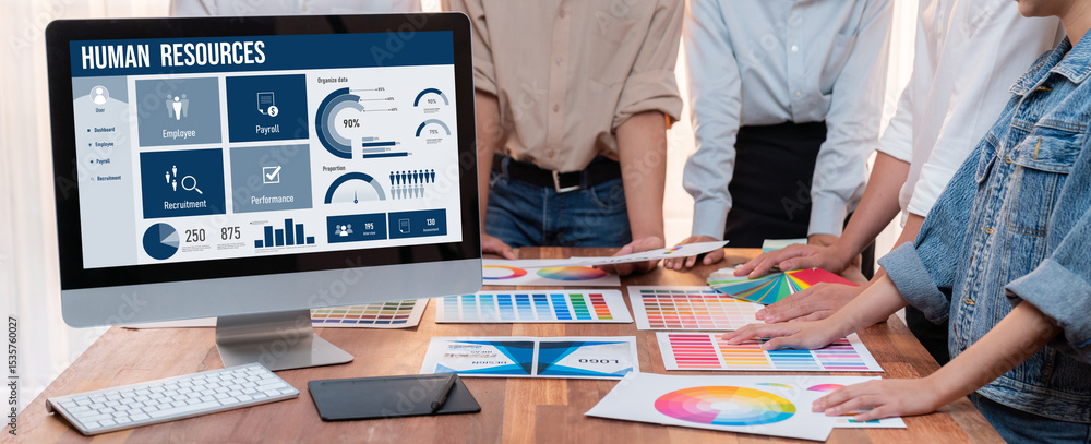 Poster human resources management software on computer screen helping human resources employee to manage re
