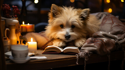 yorkshire terrier sitting in front of christmas tree