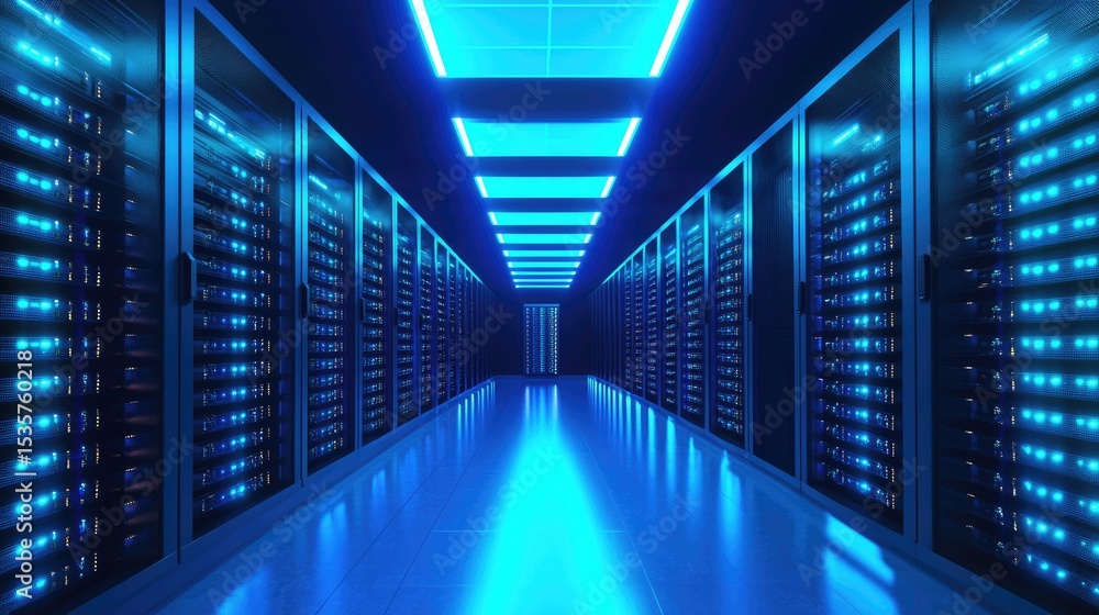 Poster 3d render of a glowing blue data center with illuminated racks and modern server equipment, perfect 