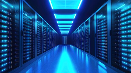 3D render of a glowing blue data center with illuminated racks and modern server equipment, perfect for visualizing cloud infrastructure, cybersecurity, or futuristic IT network environments