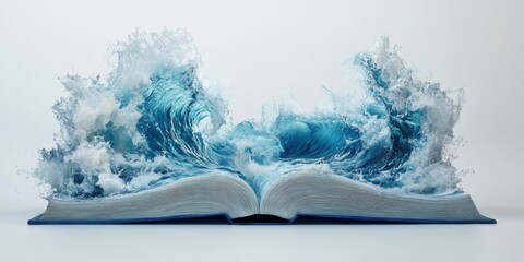 A captivating image of an open book with dynamic waves emerging from its pages, symbolizing creativity, knowledge, and the power of storytelling.