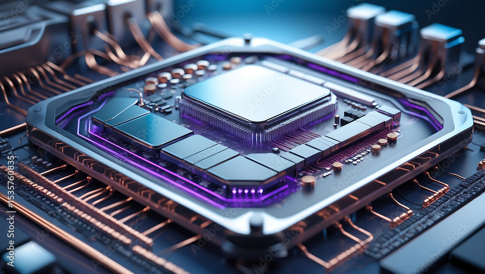 Poster close up detailed view of a modern computer cpu and circuit board with copper wires