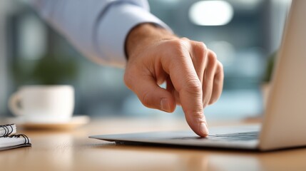 Close-up of male hand pressing a button on laptop touchpad in modern workspace during business activity perfect for technology services, digital productivity and corporate visuals
