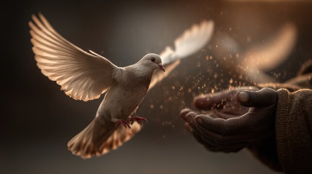 White dove in flight toward open hands releasing glowing particles in warm evening light symbolizing peace, trust and compassion ideal for International Day of Peace and hope visuals