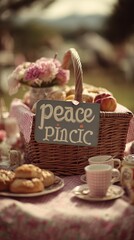 Rustic picnic table decorated with pastries, tea cups and a basket sign reading “peace picnic” in a romantic countryside setting ideal for International Day of Peace celebration visuals
