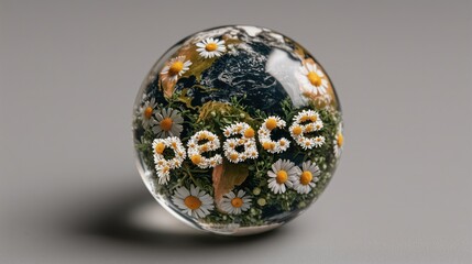 Artistic rendering of planet Earth encased in clear glass surrounded by daisies forming the word “peace” ideal for International Day of Peace, Earth Day and environmental awareness campaigns