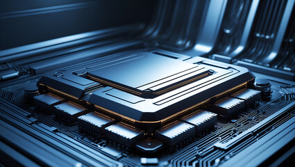 Detailed close up of a high tech computer processor chip with advanced circuitry