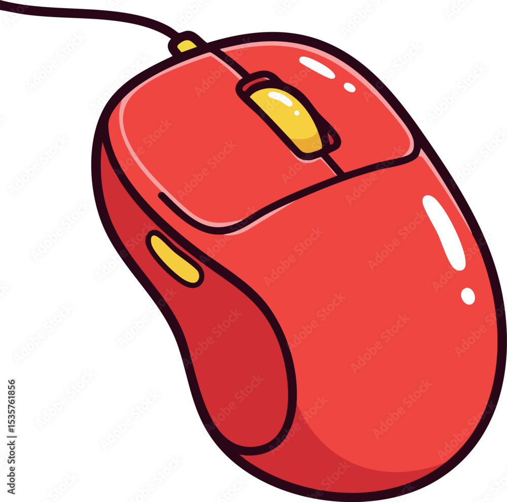Aufkleber red wired computer mouse with yellow scroll wheel vector illustration