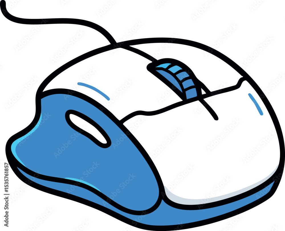 Poster computer mouse blue and white wired device for digital navigation vector illustration