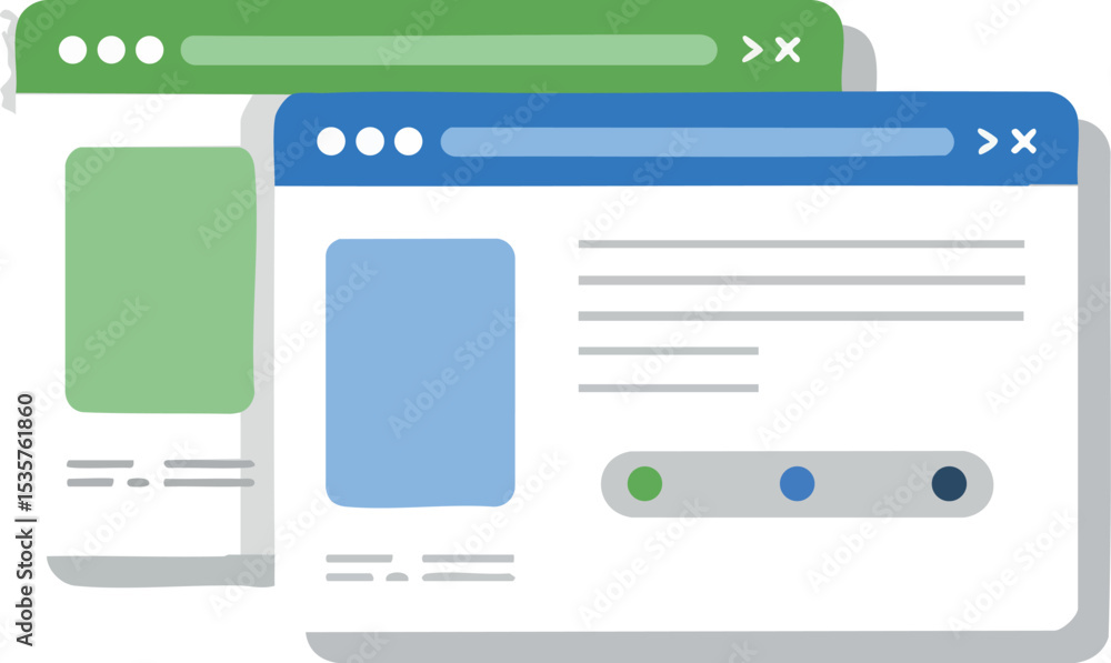 Poster two simple web browser windows with blue and green headers vector illustration for user interface de