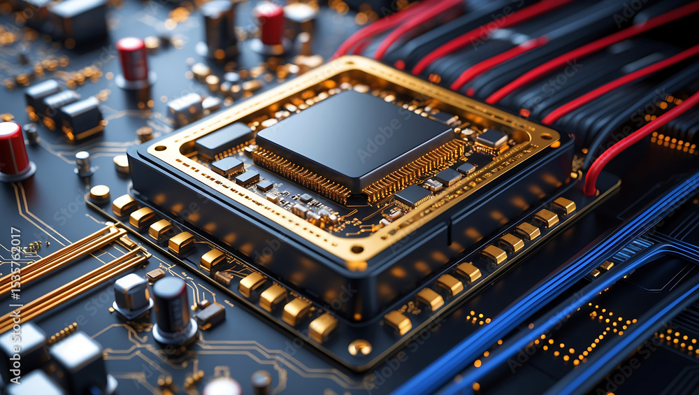 Poster detailed close up view of a computer central processing unit with gold accents