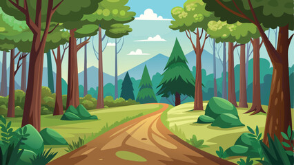 Cartoon Forest Landscape with Trees, Trail, and Distant Mountains under a Blue Sky