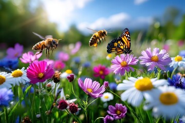 Bees and butterflies interact with blooming flowers in a sunny meadow during springtime