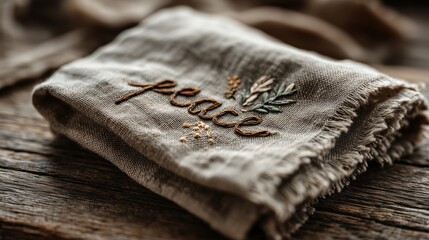 Rustic linen napkin with embroidered word &ldquo;peace&rdquo; and olive leaf detail placed on wooden table symbolizing simplicity, stillness and values of International Day of Peace