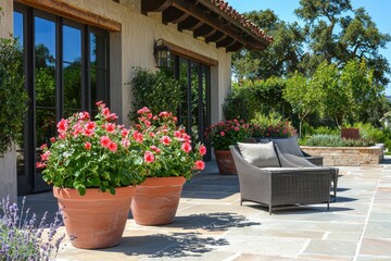 Fototapeta premium A patio with a couch and a flower pot
