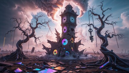 Surreal Broken Clock Tower with Keys, Chains, Trees, and Colorful Fragments in Wasteland