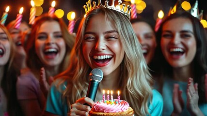 Group Of Women Celebrating Birthday With Cake And Microphone - Powered by Adobe