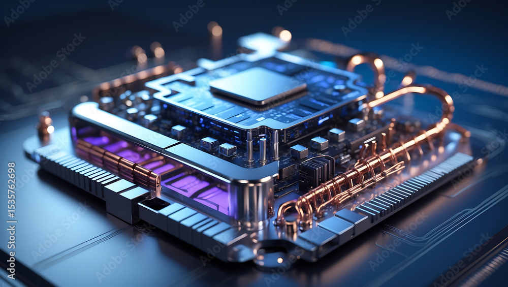 Poster high angle perspective of a detailed computer processor with copper cooling pipes and circuitry