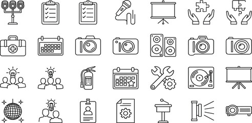 Fototapeta premium Event Planning Vector Icon Set Adjustable Line Weight Microphone, calendar, camera, projector, speaker, badge, spotlight, podium, gear, checklist, idea, decor, presentation icons.
