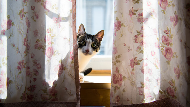 Curious cat peeking through floral curtains - Powered by Adobe