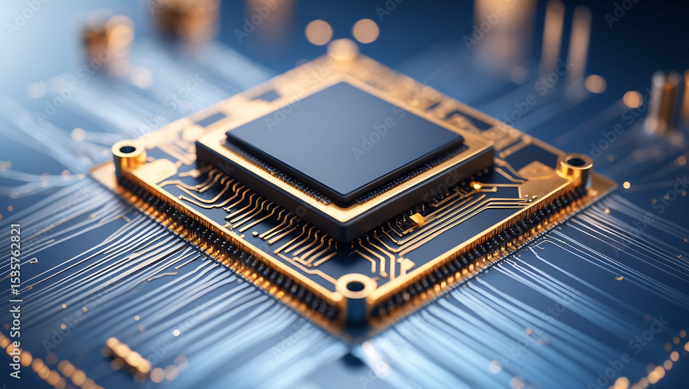 Poster high angle view of a modern golden cpu central processing unit against a blue background.