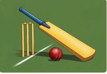 Cricket bat, ball and wickets on the field