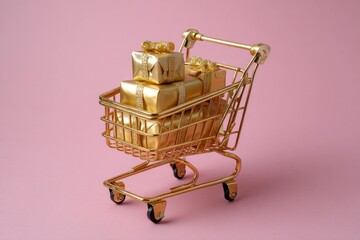 Gold toy shopping cart filled with gold wrapped gifts against a solid pink background