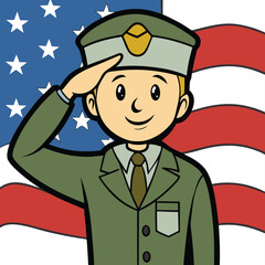 Respectful veteran saluting in front of a blurred American flag, honoring service and patriotism on a solemn occasion