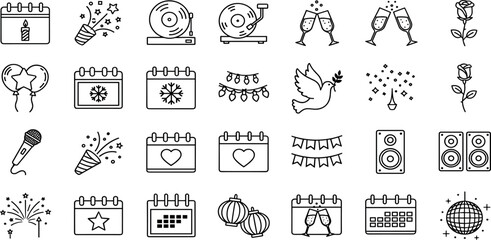 Event Planning Vector Icon Set Adjustable Line Weight Celebration, party, calendar, confetti, balloons, music, champagne, decoration, microphone, festival, event organizer, special occasion icons.