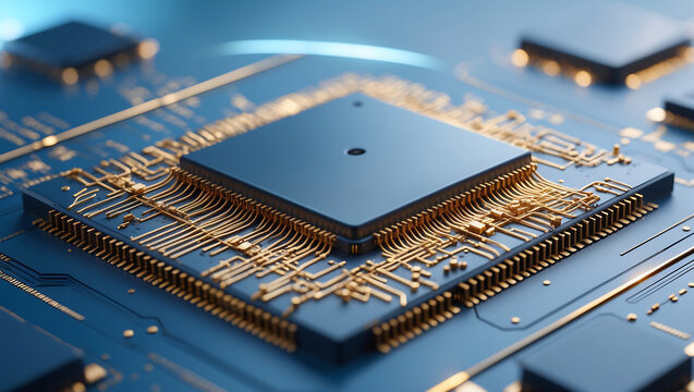 Macro shot of a modern computer processor chip with intricate golden connections