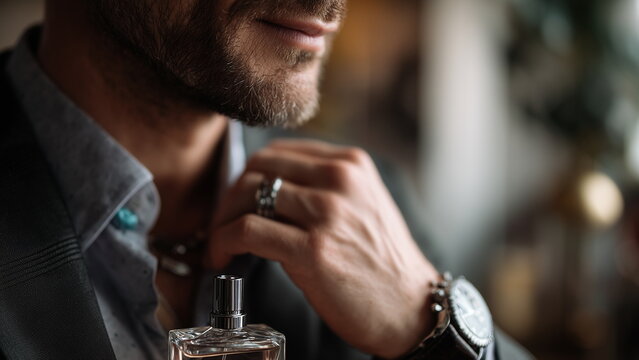 Closeup of a man in a suit adjusting his collar while applying cologne on his wrist in a dressing room, leather watch and cufflinks visible, classy and luxurious feel. - Powered by Adobe